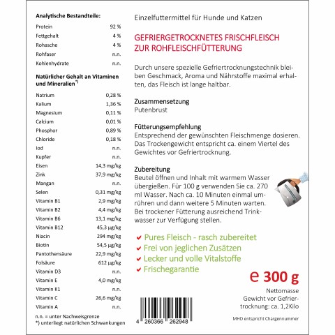 Hund Katze B.A.R.F. Hundefutter Easy Barf Putenbrust 300g 1 Stück -3- Anifit